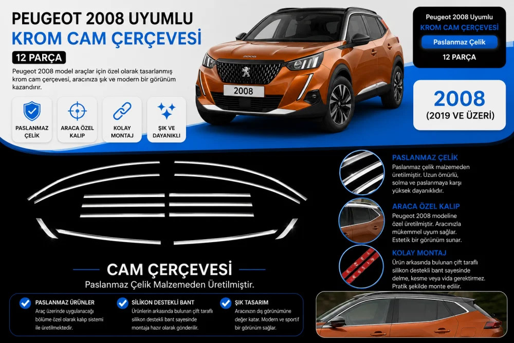 Drs Tuning Peugeot 2008 Uyumlu Krom Cam Çerçevesi 12 Parça