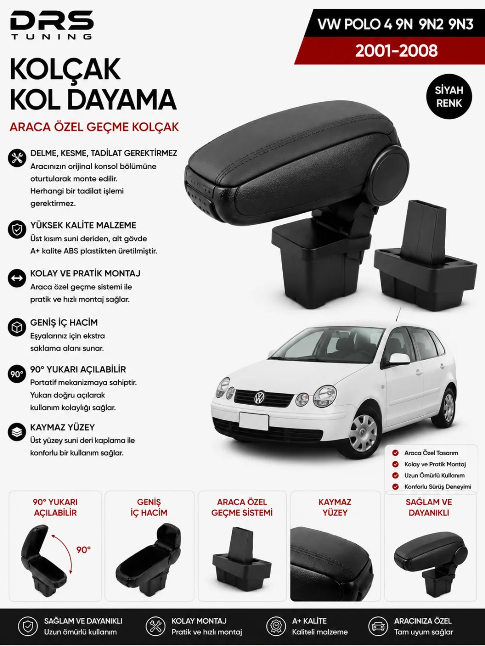 Drs Tuning Polo 4 9N 9N2 9N3 2001 - 2008 Kolçak Kol Dayama Siyah