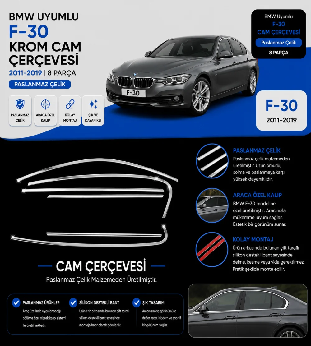 Bmw 3 Serisi F30 2011-2019 Arası Uyumlu Krom Cam Çerçevesi 8 Parça (2012-2018)