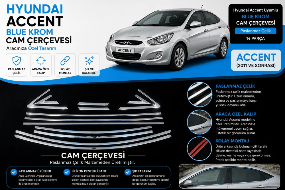 Hyundai Uyumlu Accent Blue 2011-2017 Tam Tur 14 Parça Cam Çıtası