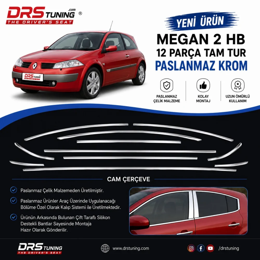 Renault Megane 2 HB 2002 - 2008 Krom Cam Çerçevesi 12 Parça