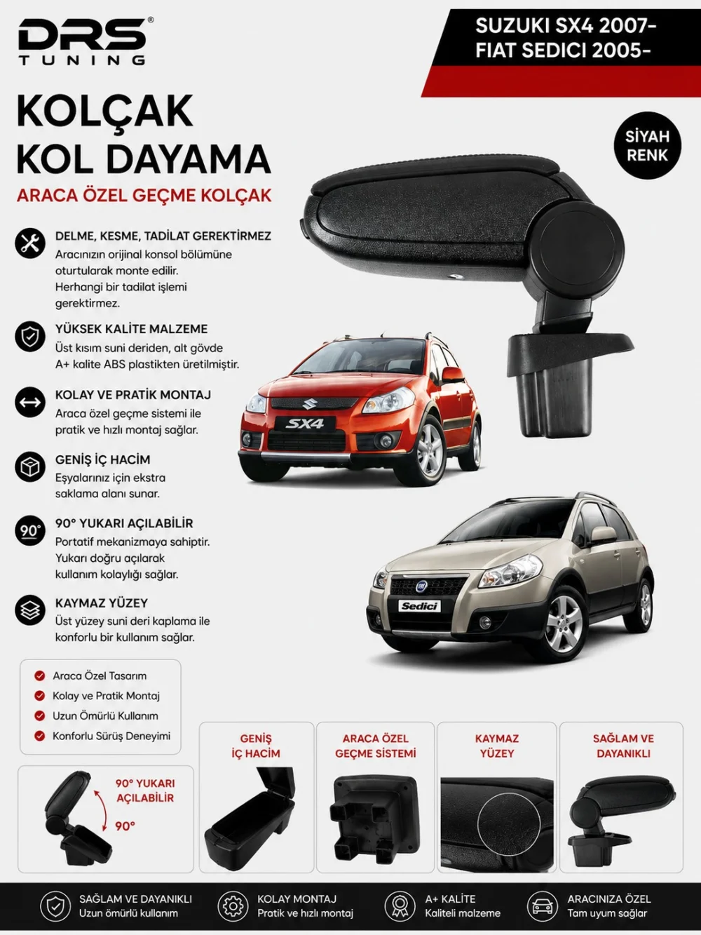 Suzuki SX4 2007 - 2013 / Fiat Sedici 2005 - 2013 Kolçak Kol Dayama Siyah