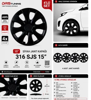 Chevrolet Uyumlu 15 Inc Kırılmaz Parlak Siyah Jant Kapağı 1 Takım 4 Adet No:316