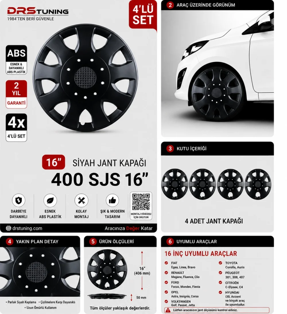Chery Uyumlu 16 Inç Kırılmaz Parlak Siyah Jant Kapağı 1 Takım 4 Adet No:400