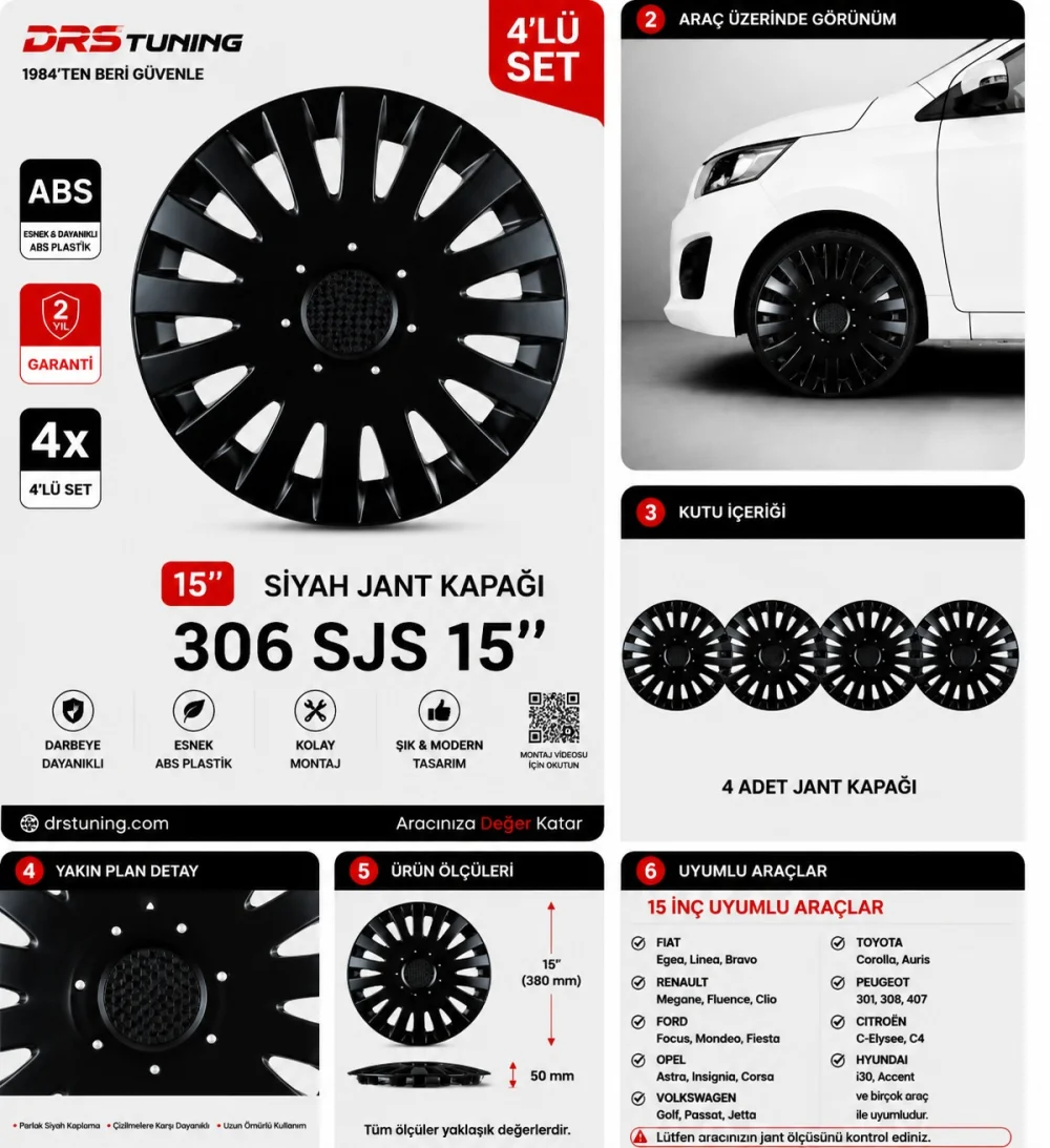 Drs Tuning Alfa Romeo Uyumlu 15 Inc Kırılmaz Parlak Siyah Jant Kapağı 1 Takım 4 Adet No:306