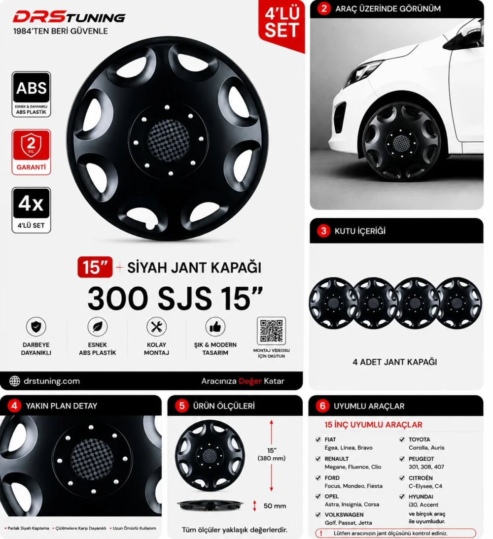 Drs Tuning Alfa Romeo Uyumlu 15 Inc Kırılmaz Parlak Siyah Jant Kapağı 1 Takım 4 Adet No:300