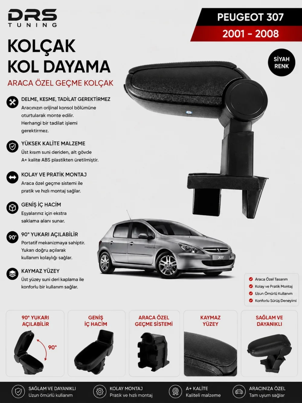 Drs Tuning Peugeot 307  2001 - 2008  Kolçak Kol Dayama Siyah