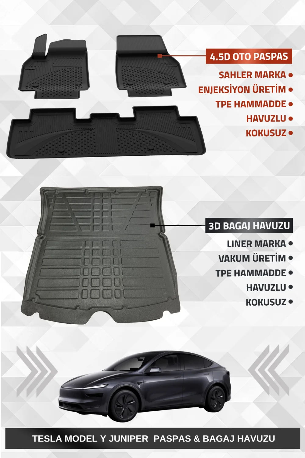 Sahler Tesla Model Y Juniper 2025+ Uyumlu 4.5D Premium Havuzlu Oto Paspas ve Liner Marka 3D Bagaj Havuzu