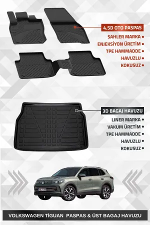 Drs Tuning Sahler Tiguan 2024+ Uyumlu 4.5D Premium Havuzlu Paspas Ve Liner Marka 3D Üst Bagaj Havuzu