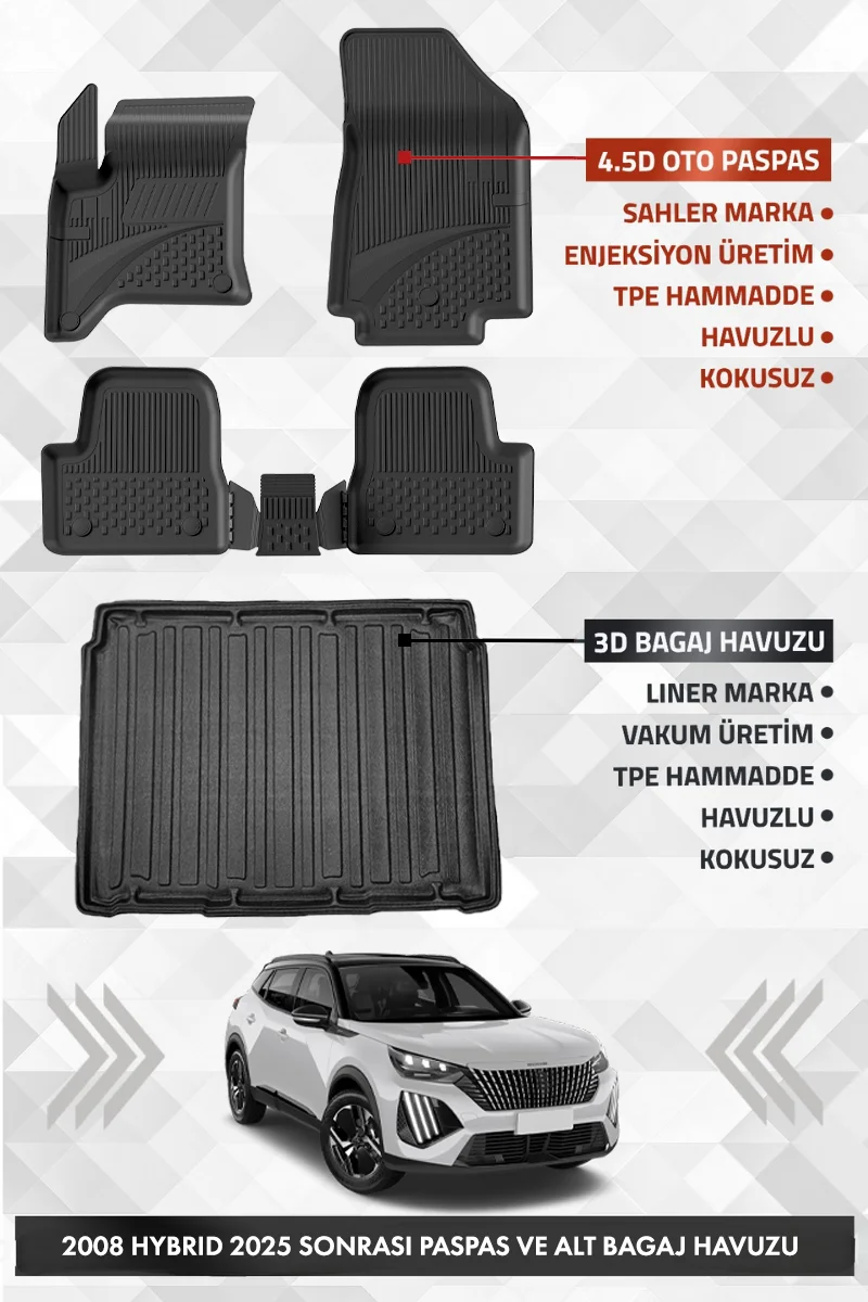 Drs Tuning Peugeot 2008 HYBRID 2025 ve Sonrası Uyumlu 4.5D Premium Havuzlu Oto Paspas ve Liner ALT Bagaj Havuzu