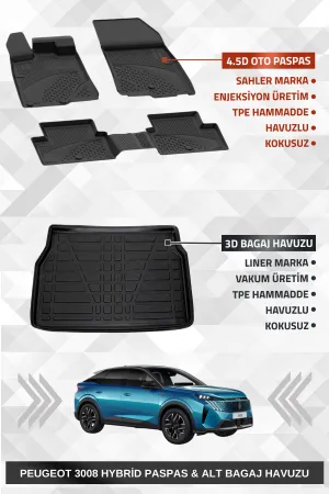 Drs Tuning Sahler Peugeot 3008 2024+ Hybrid Uyumlu 4.5D Premium Havuzlu Oto Paspas Ve Liner Marka 3D Alt Bagaj Havuzu