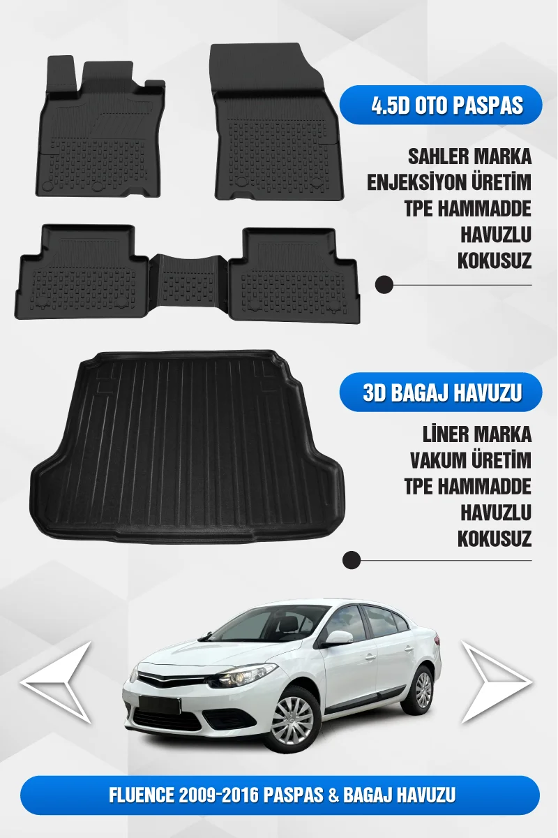 Renault Fluence 2009-2016 Uyumlu 4.5D Premium Havuzlu Oto Paspas ve Liner Bagaj Havuzu