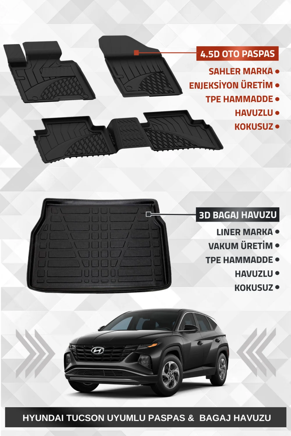 Sahler Hyundai Tucson 2021+ Uyumlu 4.5D Premium Havuzlu Paspas ve Liner Marka 3D Bagaj Havuzu