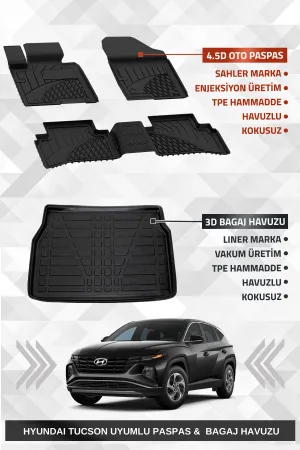 Sahler Hyundai Tucson 2021+ Uyumlu 4.5D Premium Havuzlu Paspas Ve Liner Marka 3D Bagaj Havuzu