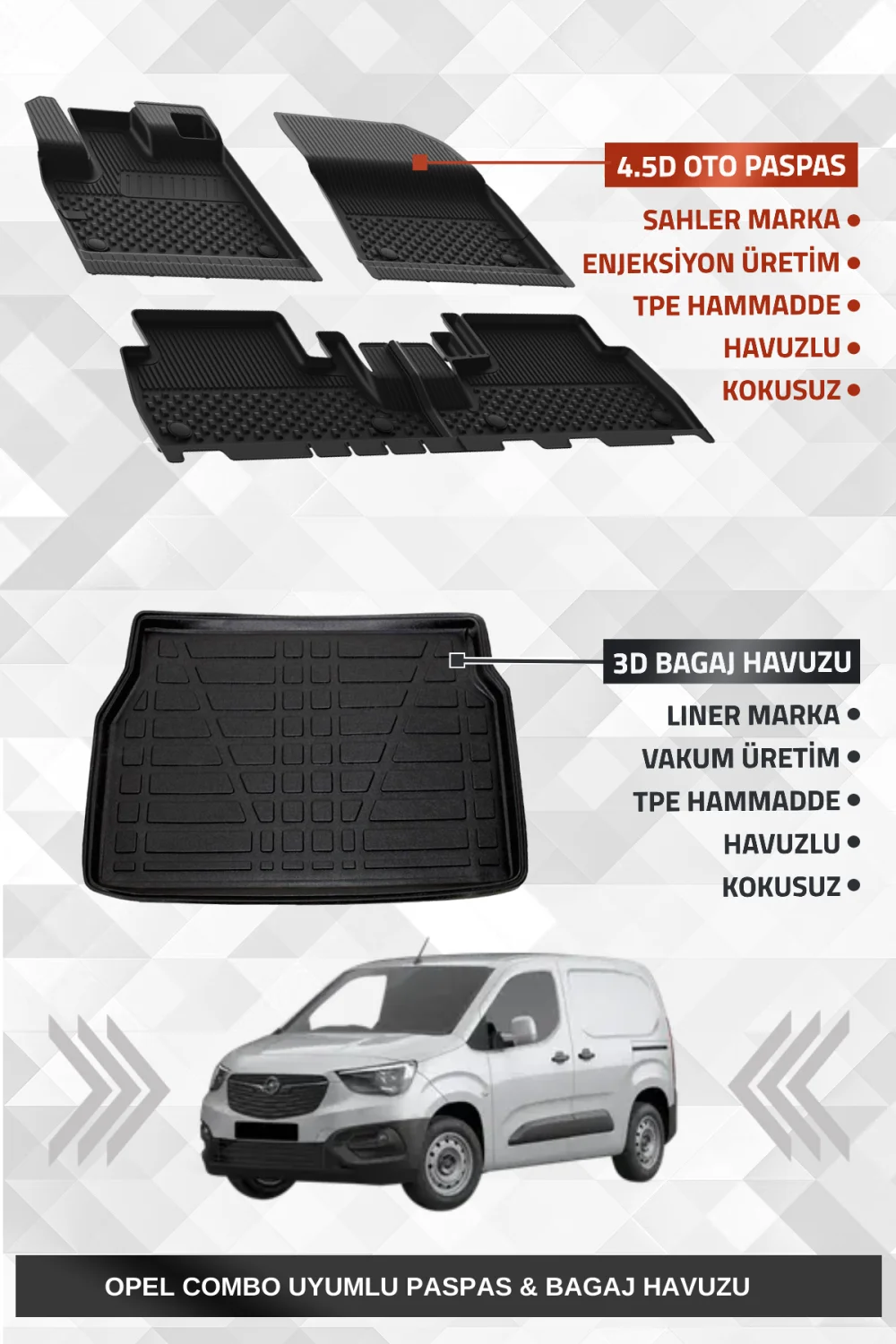 Sahler Opel Combo E 2019+ Uyumlu 4.5D Premium Havuzlu Oto Paspas ve Liner Marka 3D Bagaj Havuzu