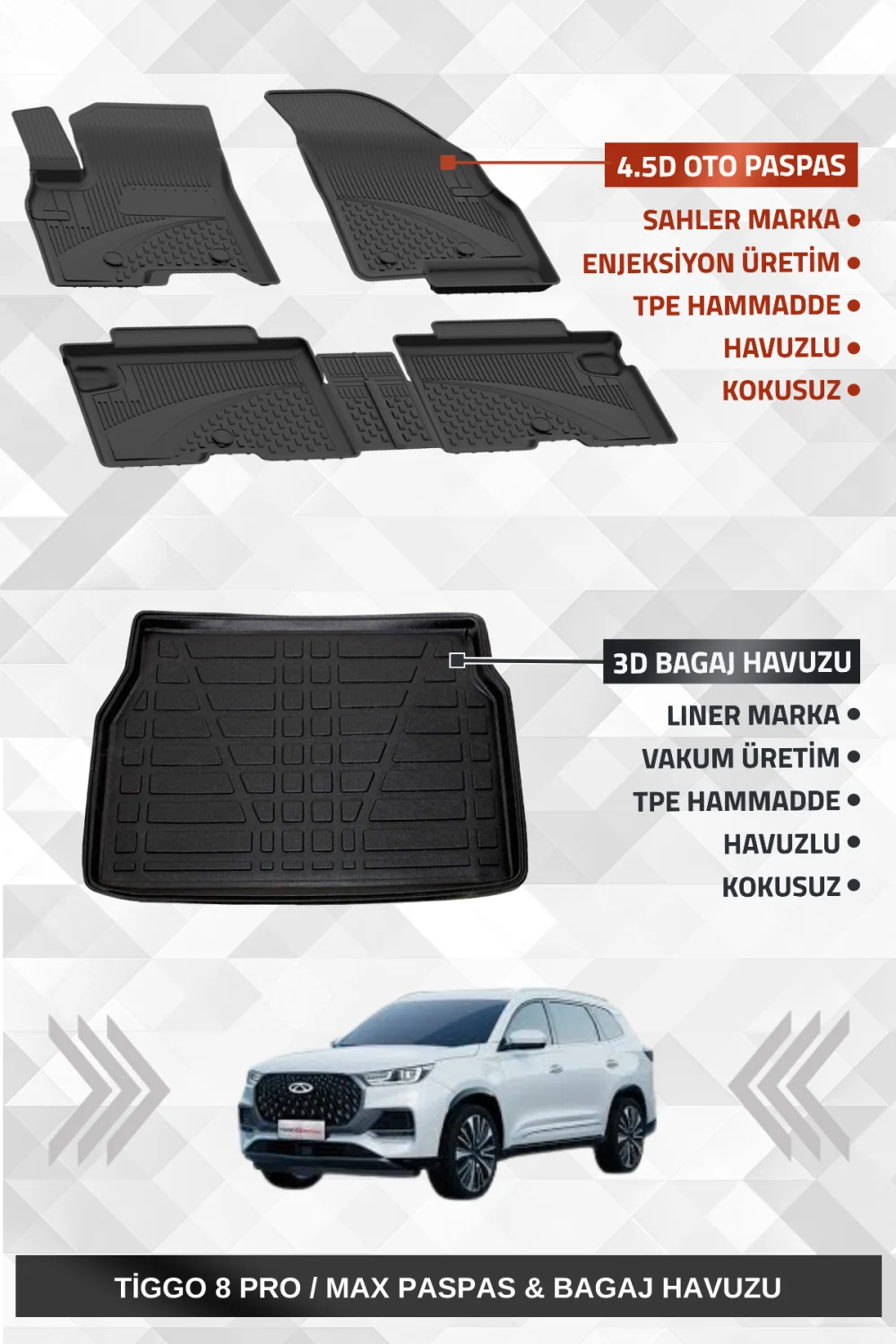 Sahler Chery Tiggo 8 Pro / Max 2022-2025 Uyumlu 4.5D Premium Havuzlu Paspas ve Liner Marka 3D Bagaj Havuzu
