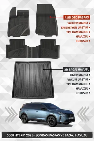 Peuegot 5008 Mild Hybrid 2024 Sonrası Uyumlu 4.5D Premium Havuzlu Oto Paspas Ve Liner Bagaj Havuzu