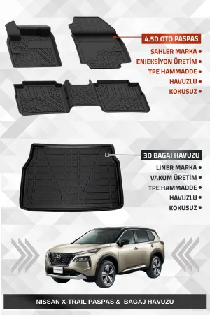 Sahler Nissan X-Trail Benzinli 2022+ Uyumlu 4.5D Premium Havuzlu Oto Paspas Ve Liner Marka 3D Bagaj Havuzu