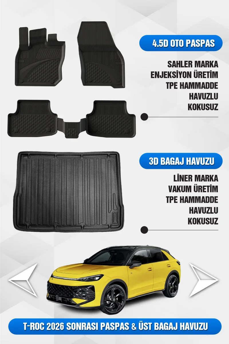 Drs Tuning T-Roc 2026 Sonrası Uyumlu 4.5D Premium Havuzlu Oto Paspas ve Liner UST Bagaj Havuzu