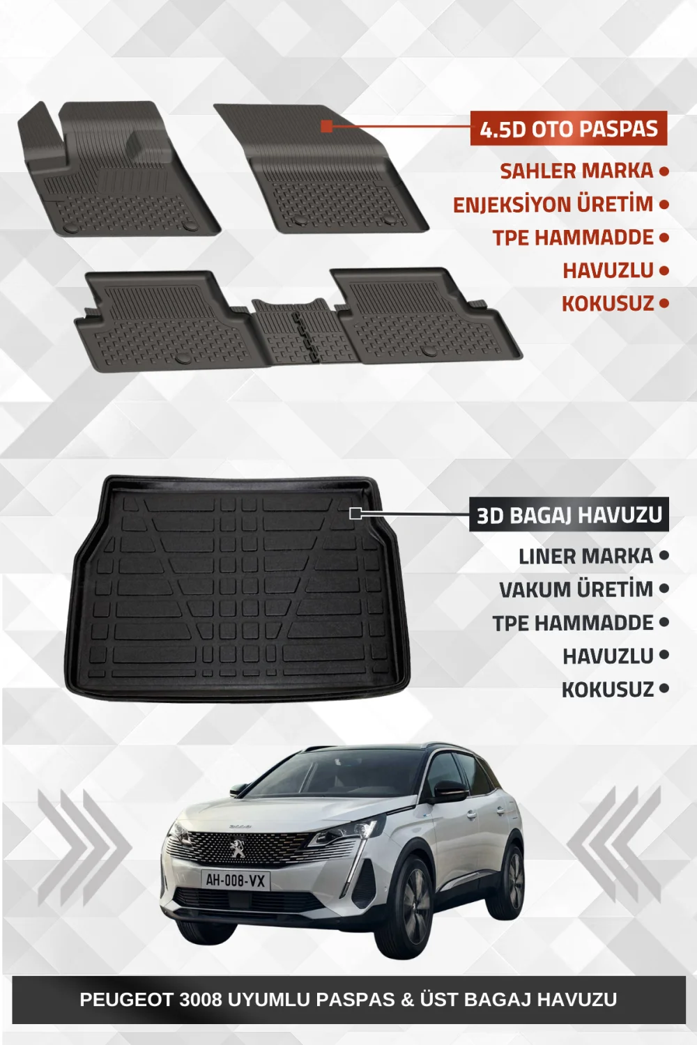 Drs Tuning Sahler Peugeot 3008 2016-2024 Uyumlu 4.5D Premium Havuzlu Oto Paspas ve Liner Marka 3D ÜST Bagaj Havuzu