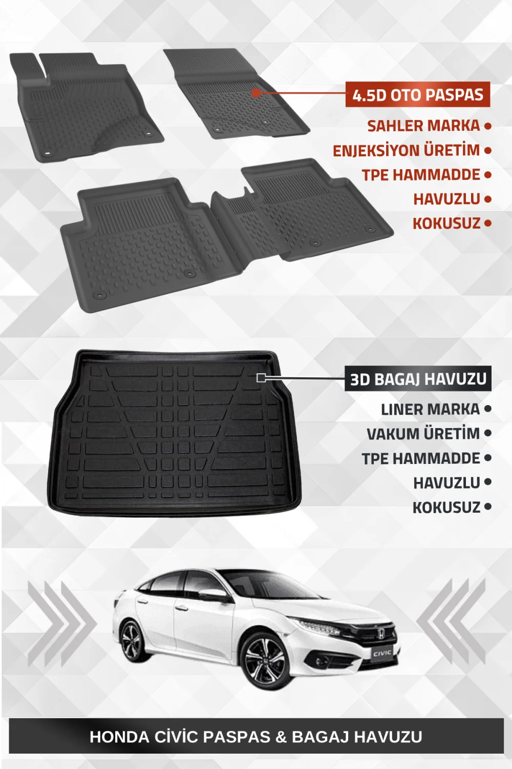 Sahler Honda Civic 2016-2021 Uyumlu 4.5d Premium Havuzlu Oto Paspas ve Liner Marka 3D Bagaj Havuzu - Civic fc5
