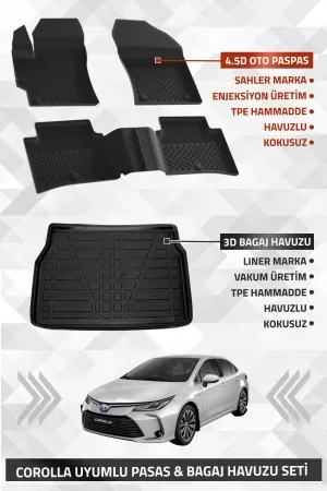 Toyota Corolla Sedan 2019-2025 Uyumlu Li̇ner Marka 3D Bagaj Havuzu + Sahler 4.5D Havuzlu Oto Paspas