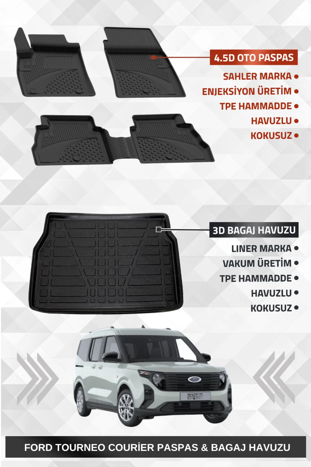 Sahler  Tourneo Courier 2024+ Uyumlu 4.5D Premium Havuzlu Oto Paspas ve Liner Marka 3D Bagaj Havuzu
