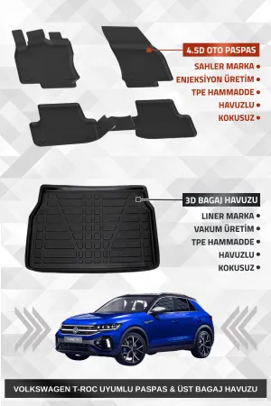 Drs Tuning Sahler T-Roc 2019-2025 Uyumlu 4.5D Sahler Premium Paspas + Liner Marka 3D Üst Bagaj Havuzu - Drs Tuning T-Roc