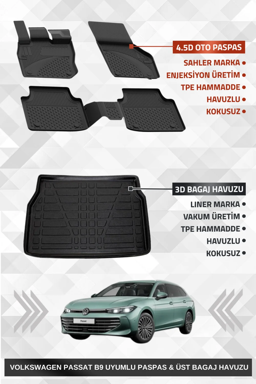 Drs Tuning Passat Variant B9 2024+ Uyumlu 4.5D SAHLER Premium Paspas + Liner Marka 3D ÜST Bagaj Havuzu - Passat Variant B9