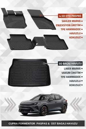 Sahler Cupra Formentor Mild Hybrid 2024+ Uyumlu 4.5D Premium Havuzlu Oto Paspas Ve Liner Marka 3D Üst Bagaj Havuzu