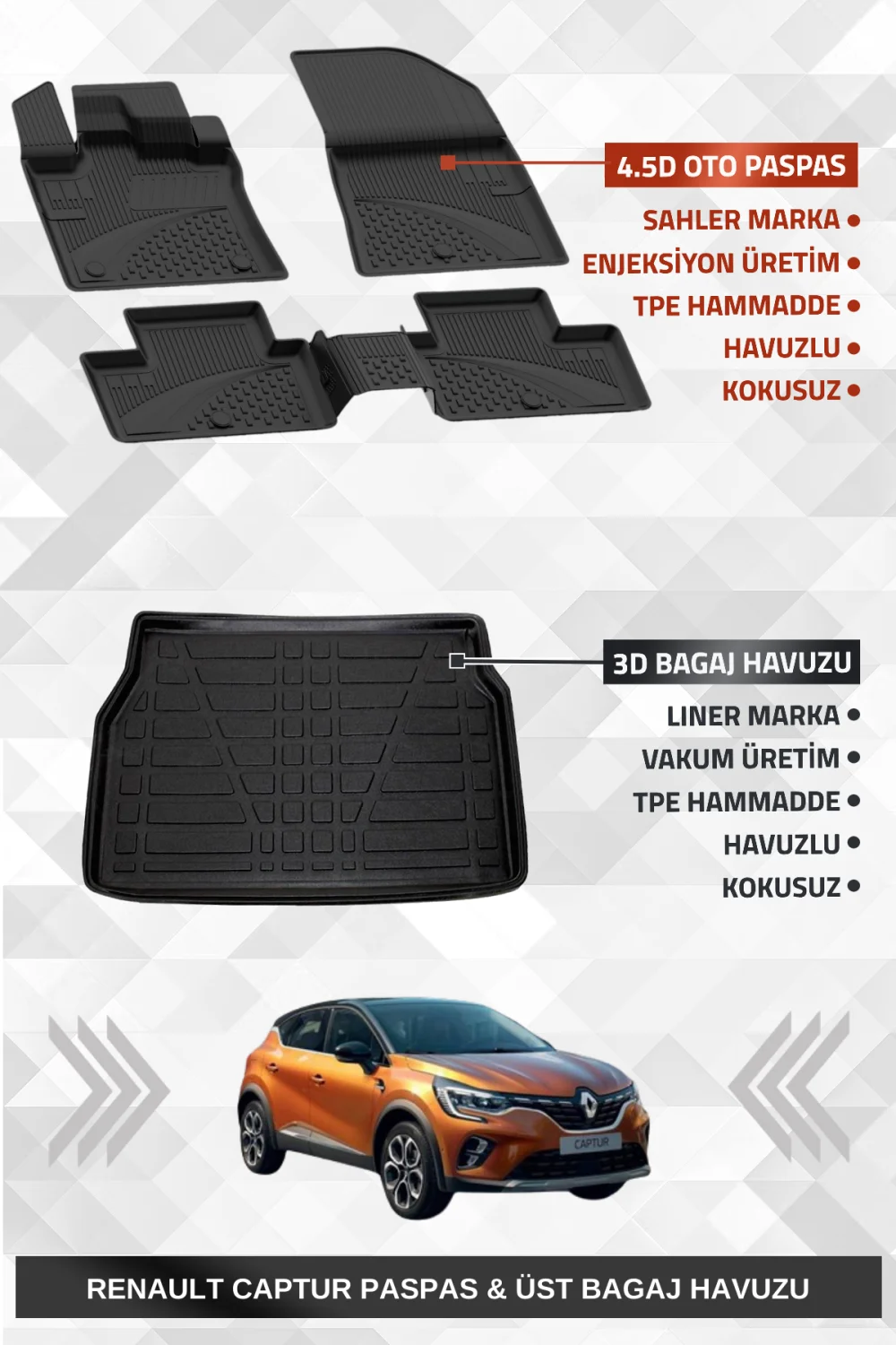 Sahler Renault Captur 2020+ Uyumlu 4.5D Premium Havuzlu Paspas ve Liner Marka 3D ÜST Bagaj Havuzu