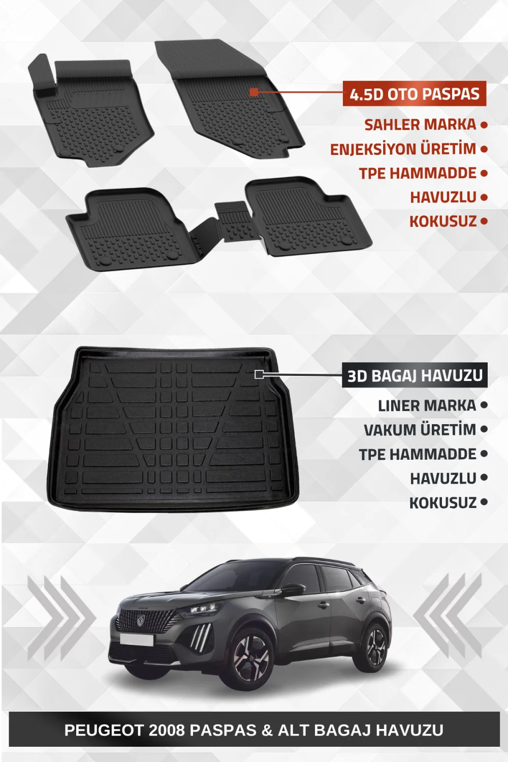 Drs Tuning Sahler Peugeot 2008 2019-2025 Uyumlu 4.5D Premium Havuzlu Paspas ve Liner ALT Bagaj Havuzu - Hybrid Uyumlu Değildir