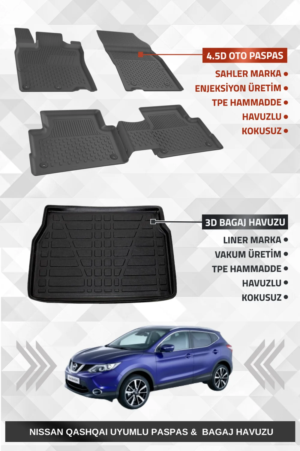 Sahler Nıssan Qashqai Tekna 2014-2021 Uyumlu 4.5D Premium Havuzlu Oto Paspas ve Liner Marka 3D Bagaj Havuzu