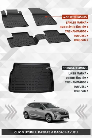 Sahler Renault Clio 5 2020+ Uyumlu 4.5D Sahler Premium Havuzlu Paspas Ve Liner Marka 3D Bagaj Havuzu - Clio