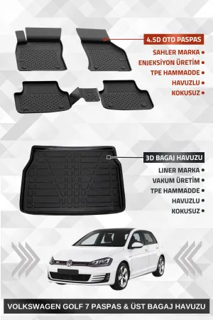 Drs Tuning Sahler Golf 7 2013-2020 Uyumlu 4.5D Premium Havuzlu Paspas Ve Liner Marka 3D Üst Bagaj Havuzu