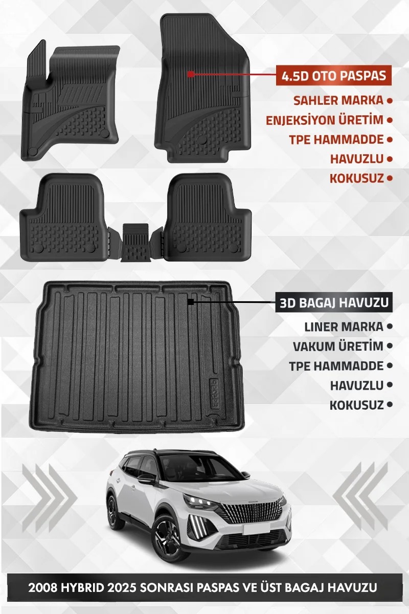 Drs Tuning Peugeot 2008 HYBRID 2025 ve Sonrası Uyumlu 4.5D Premium Havuzlu Oto Paspas ve Liner ÜST Bagaj Havuzu