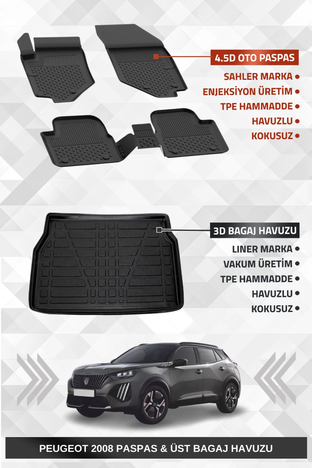 Drs Tuning Sahler Peugeot 2008 2019-2025 Uyumlu 4.5d Premium Havuzlu Paspas ve Liner ÜST Bagaj Havuzu - Hybrid Uyumlu Değildir