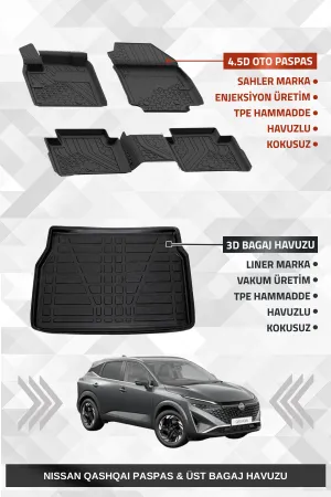 Sahler Qashqai 2022+ Benzinli Uyumlu 4.5D Premium Havuzlu Oto Paspas Ve Liner Marka 3D Ust Bagaj Havuzu