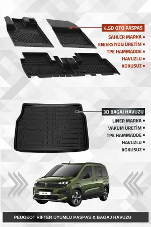 Drs Tuning Sahler Peugeot Rifter 2019+ Uyumlu 4.5D Premium Havuzlu Oto Paspas Ve Liner Marka 3D Bagaj Havuzu