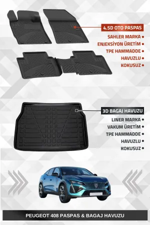 Drs Tuning Sahler Peugeot 408 2022-2025 Uyumlu 4.5D Havuzlu Paspas Ve Liner Marka Bagaj Havuzu - Hybrid Model Uyumlu Değildir!