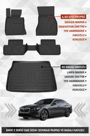 Bmw G60 5 Serisi 2024 Ve Sonrası Uyumlu 4.5D Pro Premium Havuzlu Oto Paspas Ve Liner Bagaj Havuzu