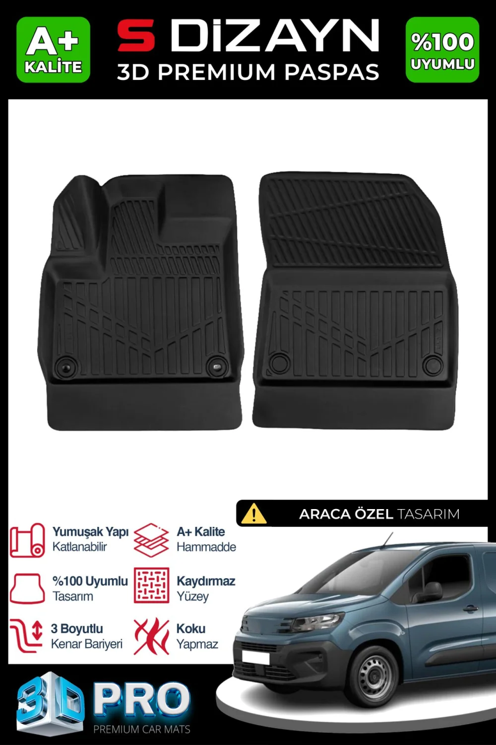Drs Tuning Peugeot Partner Panelvan 3D Pro Havuzlu Paspas Ön 2'li 2019 Üzeri A+ Kalite