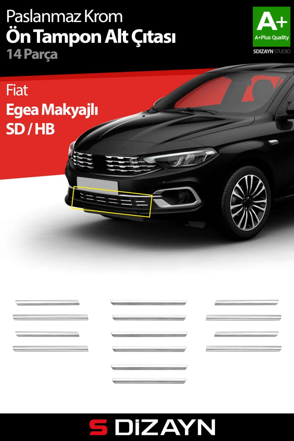 Drs Tuning Fiat Egea Krom Ön Tampon Alt Çıtası Diamond Model 14 Prç. 2020 Üzeri (Parlak Krom) A+ Kalite