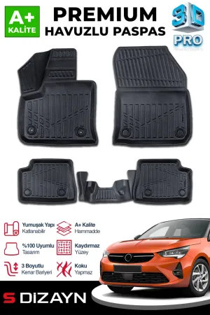 Opel Corsa 2019-Günümüz (F) uyumlu Elektrikli 3D Pro Havuzlu Paspas 2019 Üzeri A+ Kalite modelleri DRS Tuning'de. Kaliteli malzeme, hızlı kargo ve güvenli