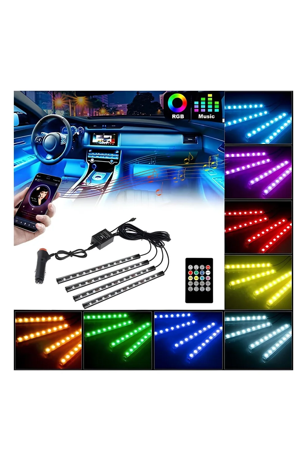 Araç İçi Ayak Altı Müziğe ve Sese Duyarlı 12 Ledli Rgb Renkli Kumandalı Led