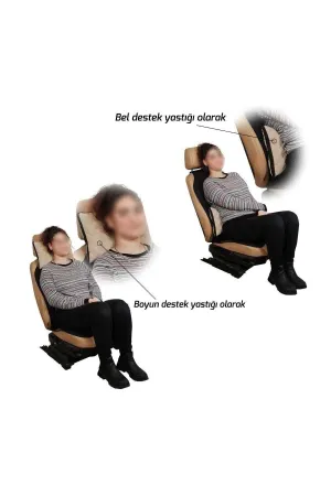 Oto Boyun Bel Destek Yastığı Polarlı Örtü Bej Nakışlı Siyah Yastık thumb 5