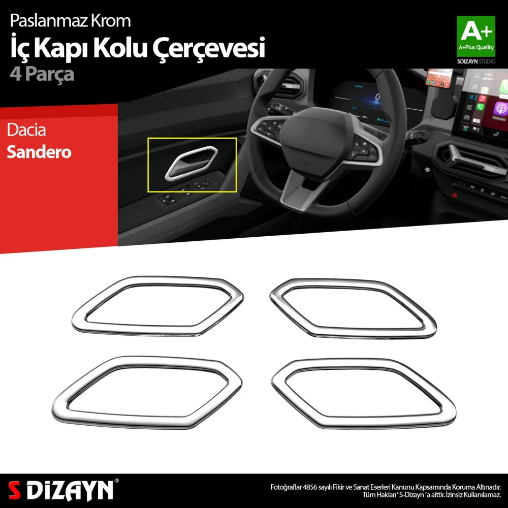 Drs Tuning Dacia Sandero Krom İç Kapı Kolu Çerçevesi 4 Prç 2020 Üzeri A+ Kalite