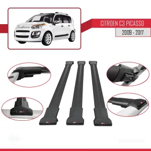 Citroen C3 Picasso 2009-2017 Arası ile Uyumlu FLY Model Ara Atkı Tavan Barı SİYAH 3 ADET BAR thumb 5
