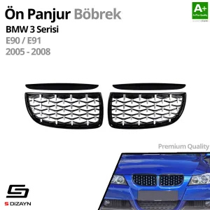 Drs Tuning Bmw 3 Serisi E90/E91 Ön Panjur Böbrek Parlak Siyah Çerçeveli Krom Diamond Model 2005-2008 - Görsel 2