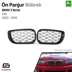 Drs Tuning Bmw 3 Serisi E46 Ön Panjur Böbrek Parlak Siyah Çerçeveli Krom Diamond Model 2002-2005 - Görsel 2